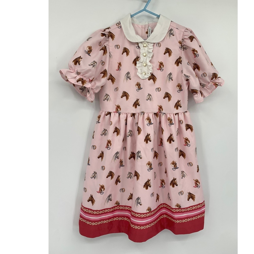 Janie and Jack Dress Girls 10 Pink Horse Print Ruffle Peter Pan Collar Pony